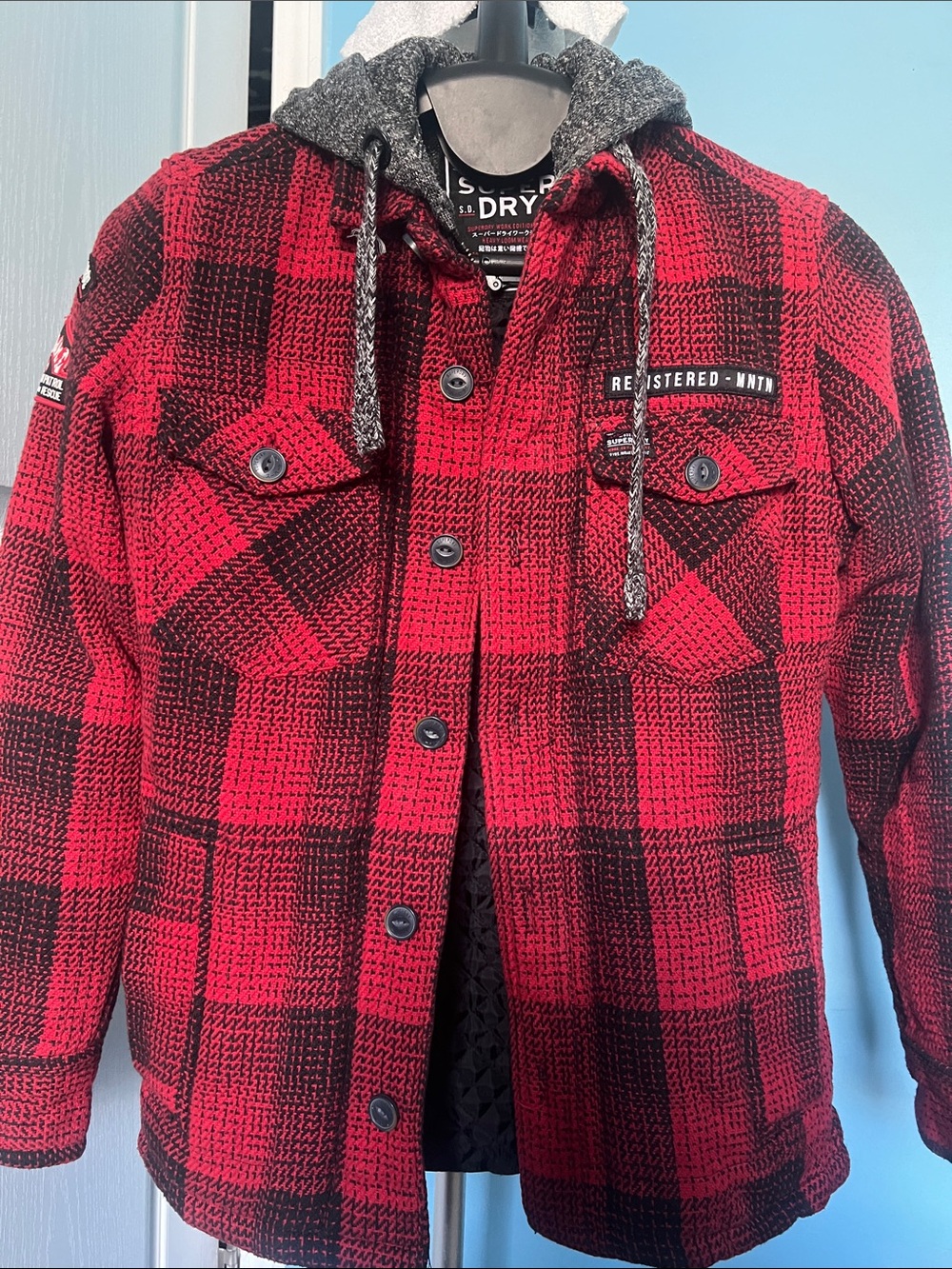 Superdry Red and Black Plaid Hooded Shacket